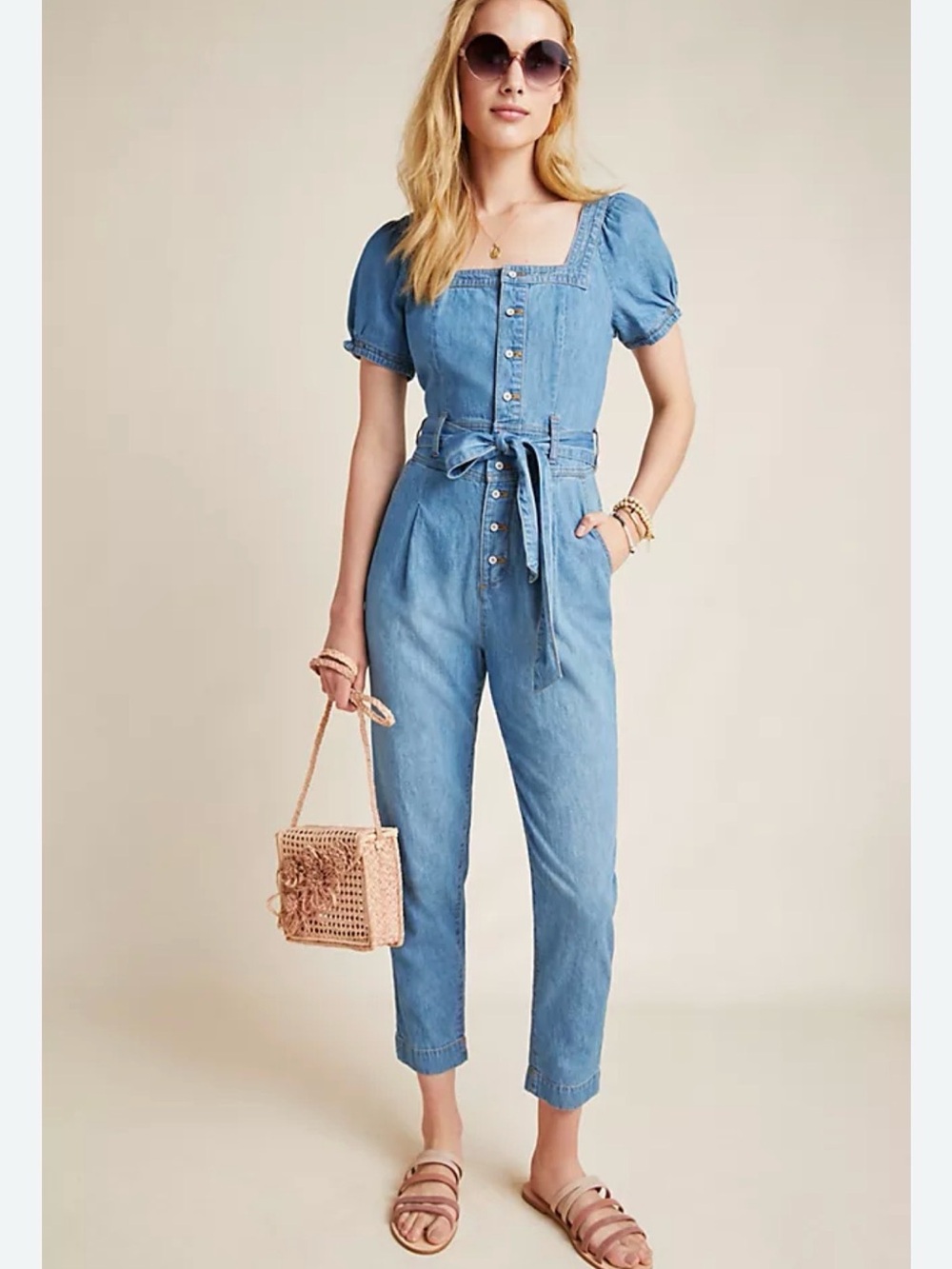 Pilcro and the Letterpress Light Blue Denim Puff-Sleeve Tie-Waist Jumpsuit